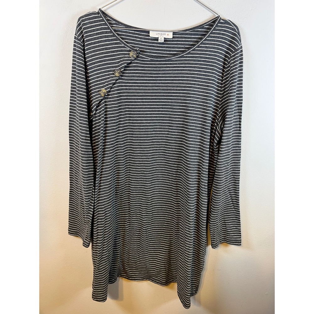 Umgee Womens Tunic Top Faux Suede Elbow Patches Striped Gray XL